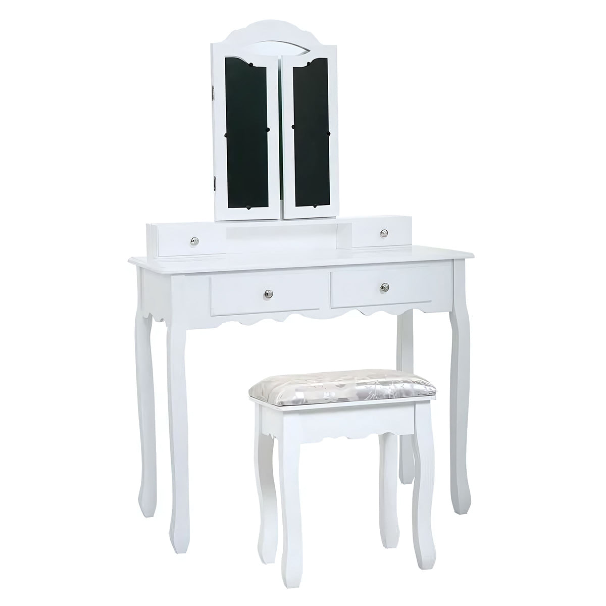 Makeup Vanity Set with Trifold Mirror, Bedroom Dresser Table With Stool and 4 Drawers, White Vanity Desk