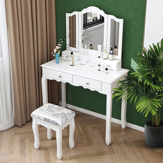 Makeup Vanity Set with Trifold Mirror, Bedroom Dresser Table With Stool and 4 Drawers, White Vanity Desk