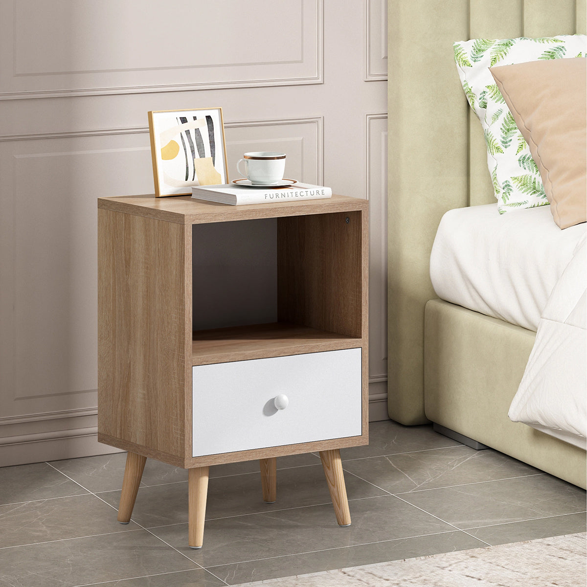 Wood Nightstand Set of 2, Bed Sofa Side Table with Drawer and Shelf, Modern End Table for Living Room and Bedroom