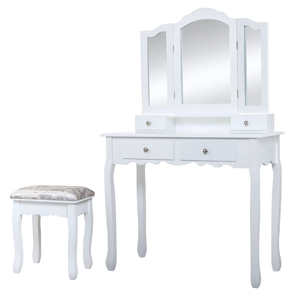 Makeup Vanity Set with Trifold Mirror, Bedroom Dresser Table With Stool and 4 Drawers, White Vanity Desk